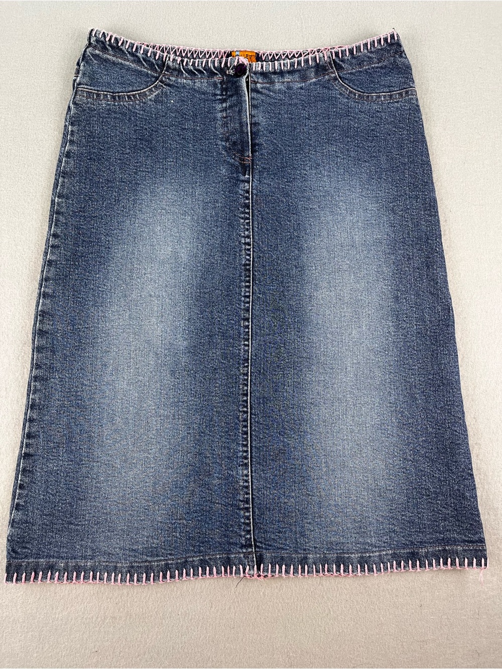 Vintage Y2K MONTEAU Denim Maxi Skirt Pink Stitch Trim Sz S